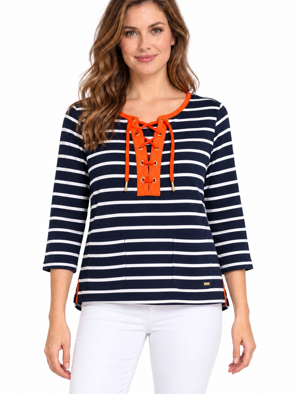 Tommy Hilfiger Womenโs Navy & Ivory Striped Lace-Up Top โ Size M